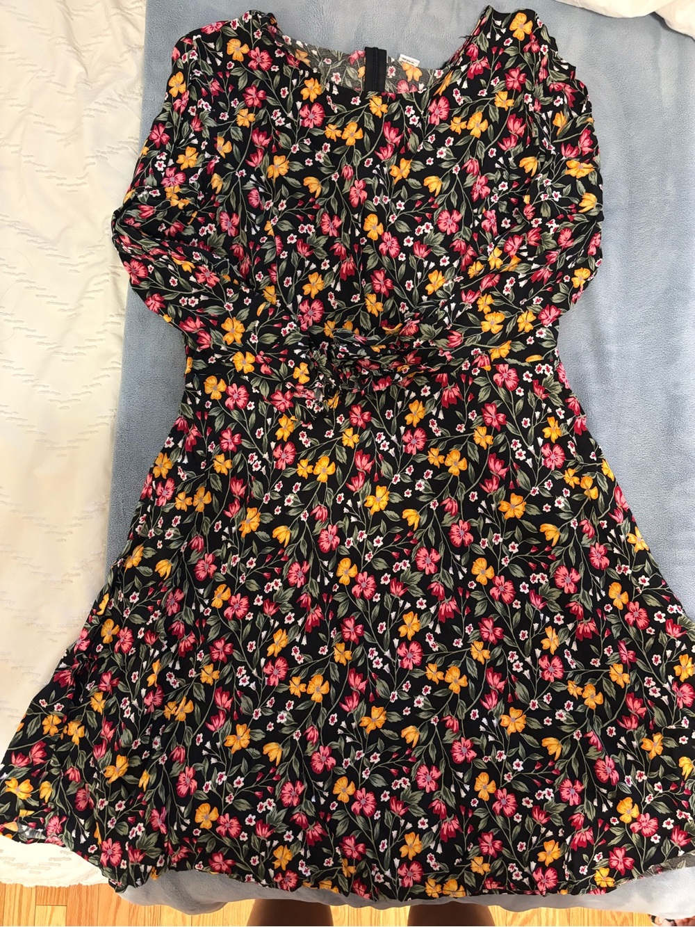 Black Floral Fit-and-Flare Dress with Pink & Yellow Flowers